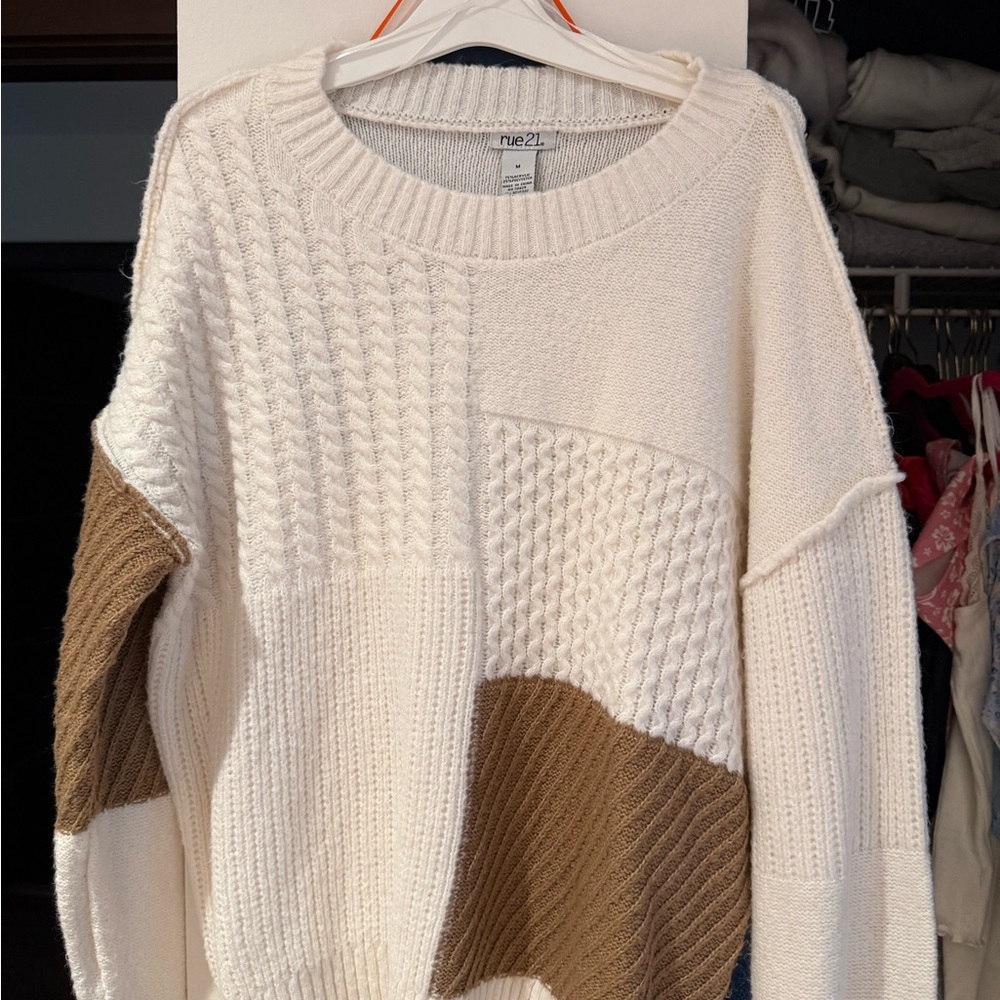 Rue21 Cream and Brown Patchwork Cable Knit Pullover